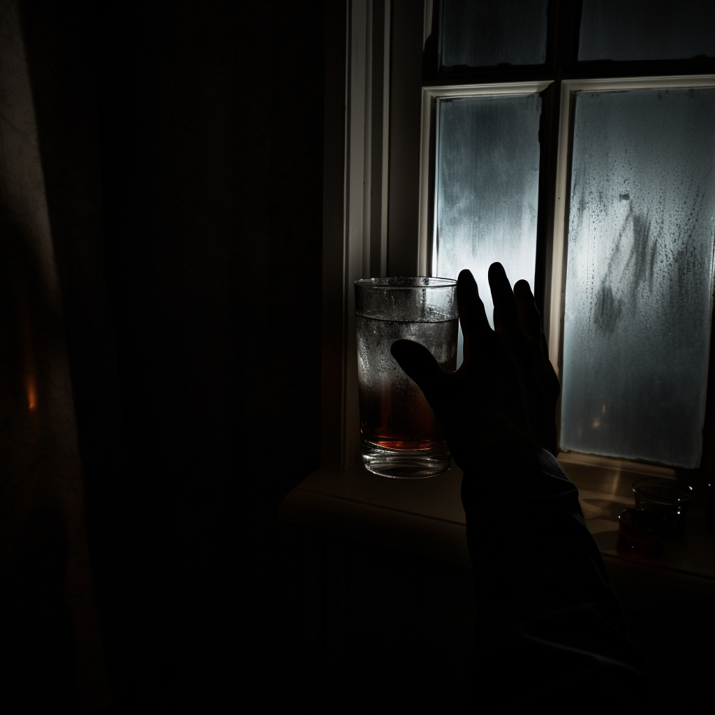 Empty glass with spooky hand shadow at night