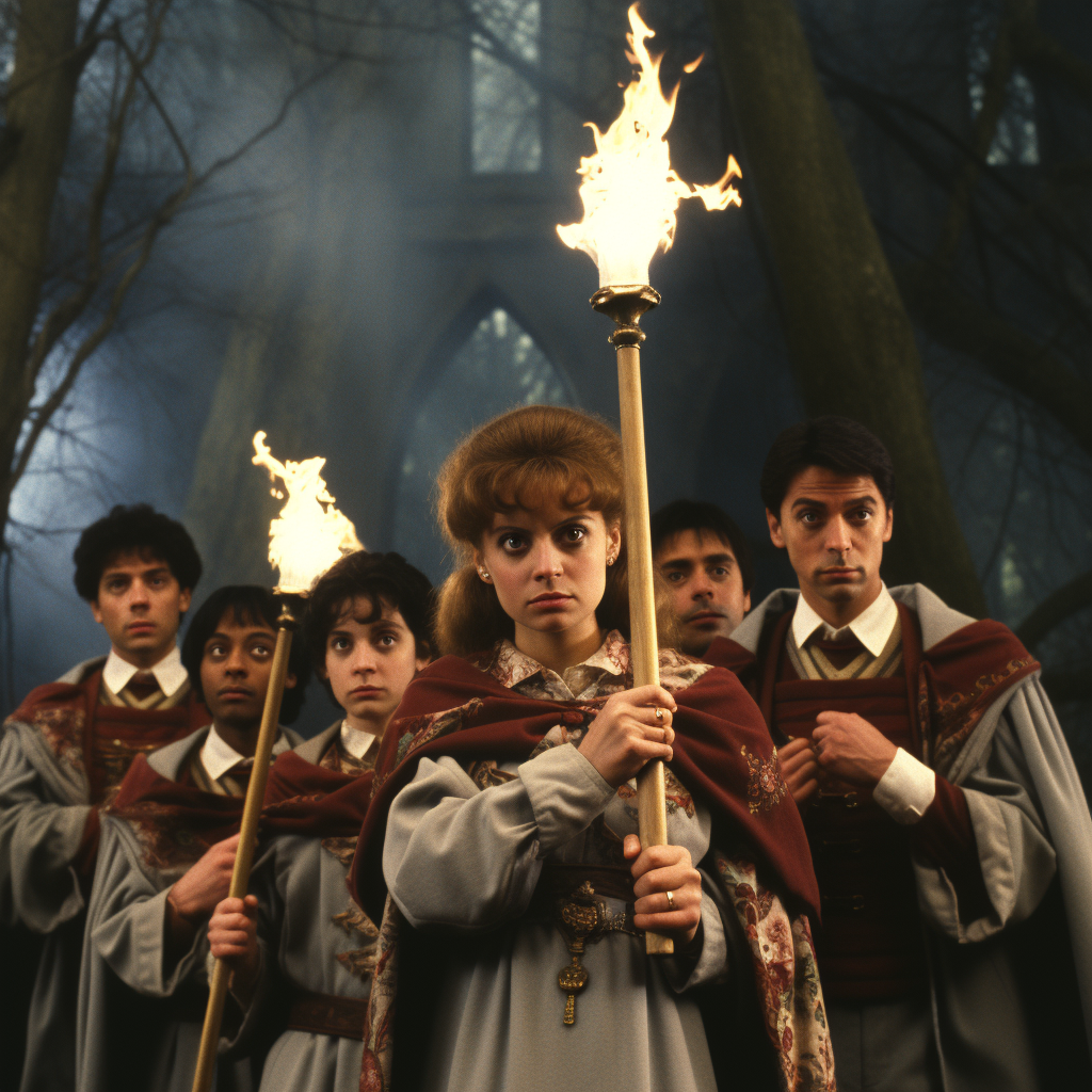 Group of People in Beige Uniform with Magic Wands