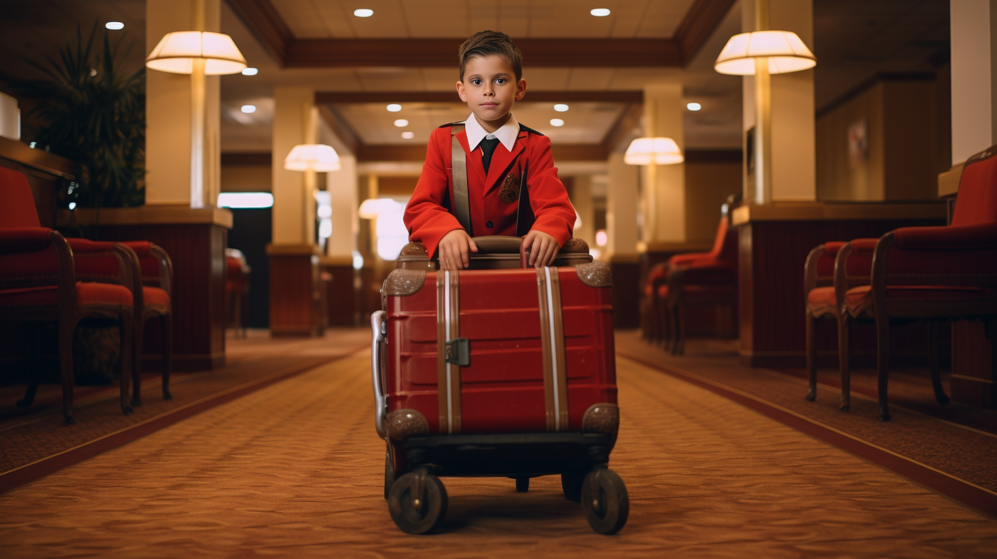 Child on bellhop cart with luggage