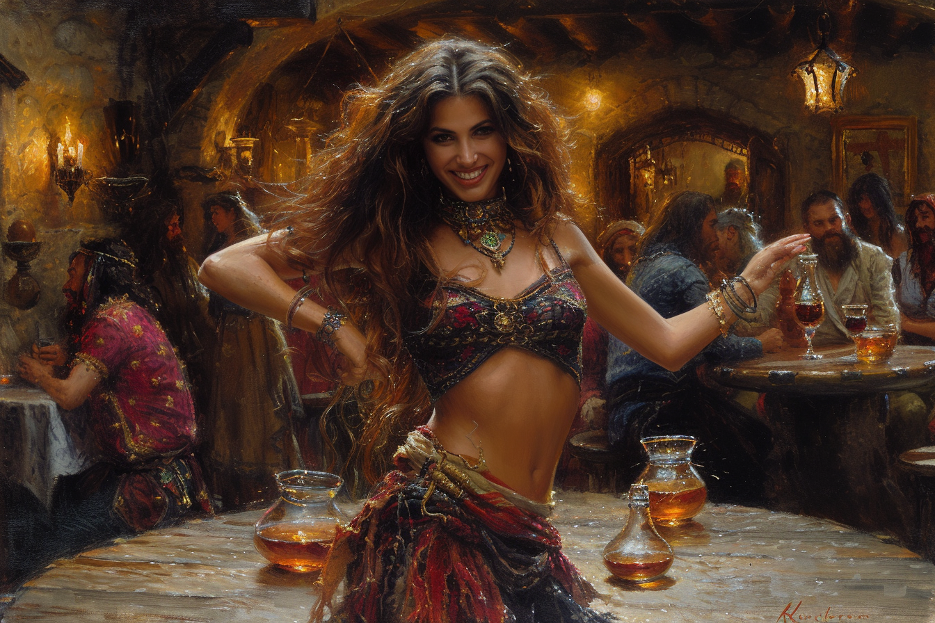 Dark Tanned Female Belly Dancer in Medieval Tavern