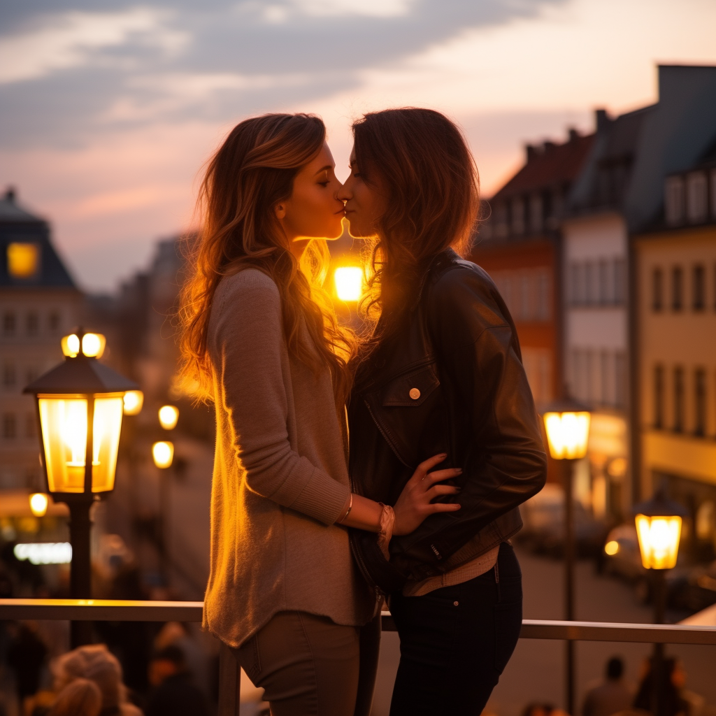 Two women sharing a heartfelt kiss in Berlin