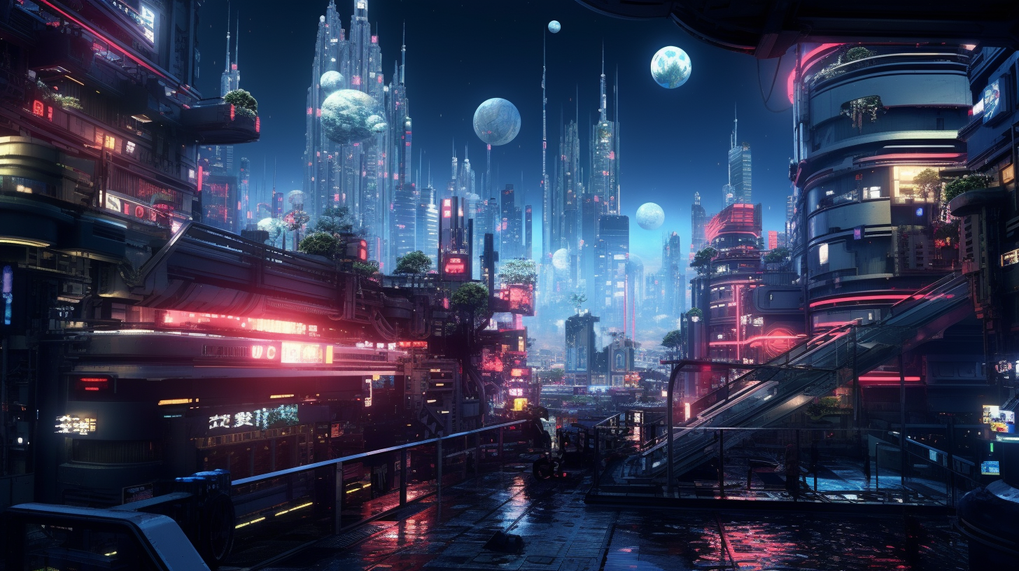 Neon-lit cyberpunk Berlin with anime characters