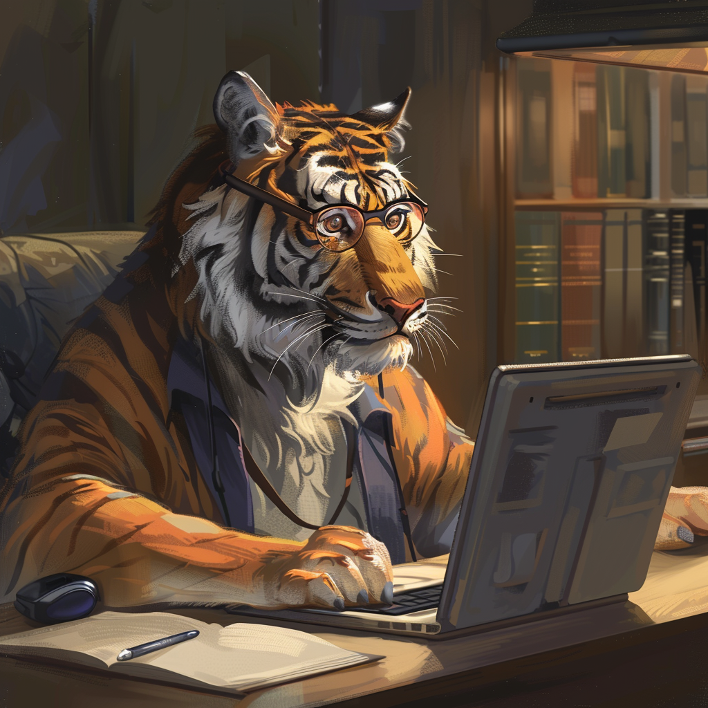 Tiger working at desk with laptop