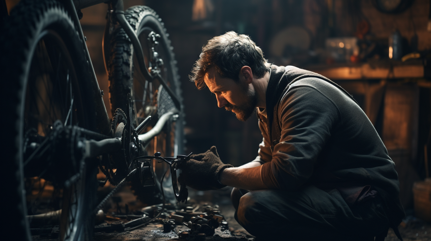 Bicycle mechanic repairing workshop scene