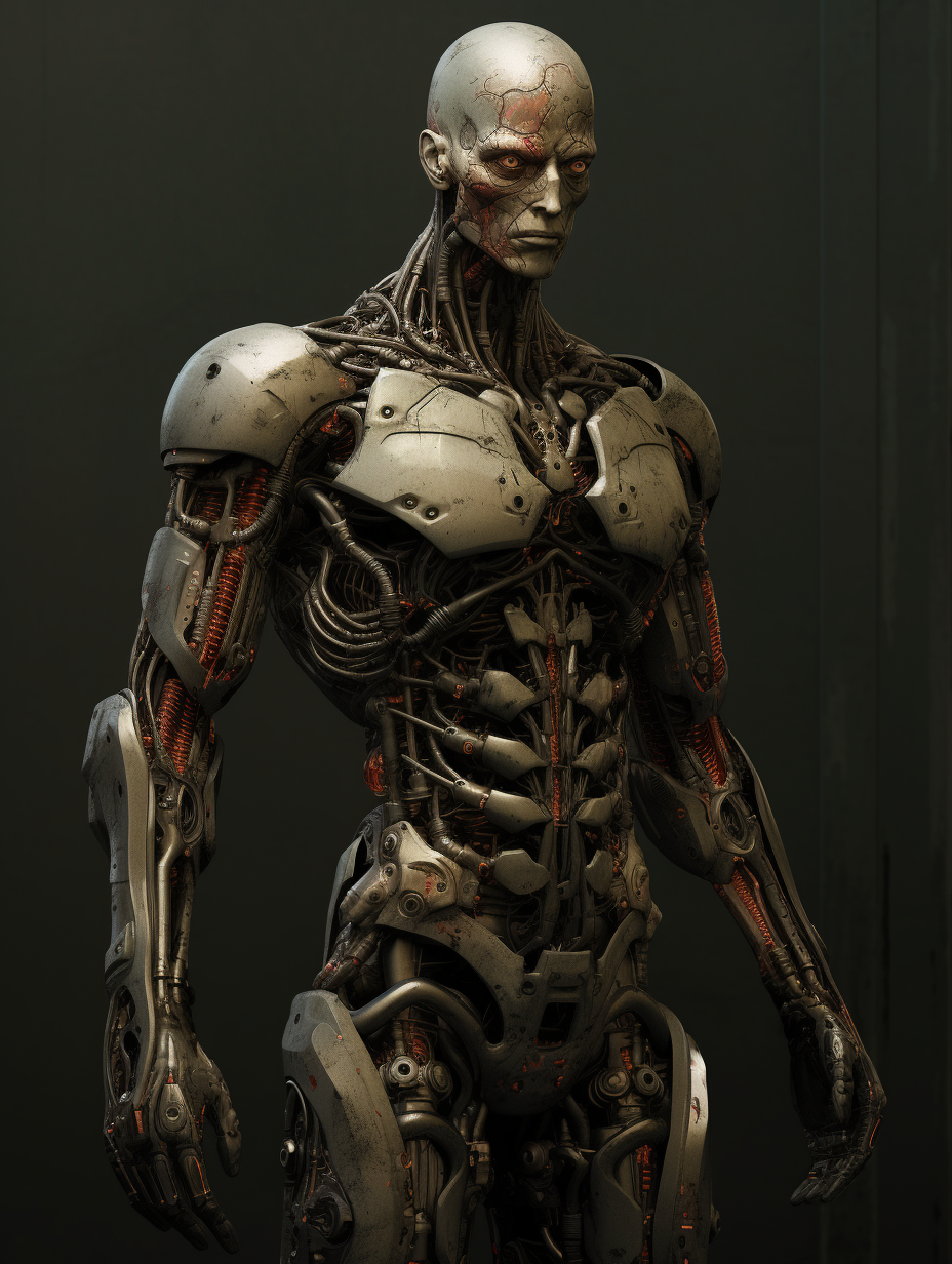 Biomechanical humanoid in eerie comic book style