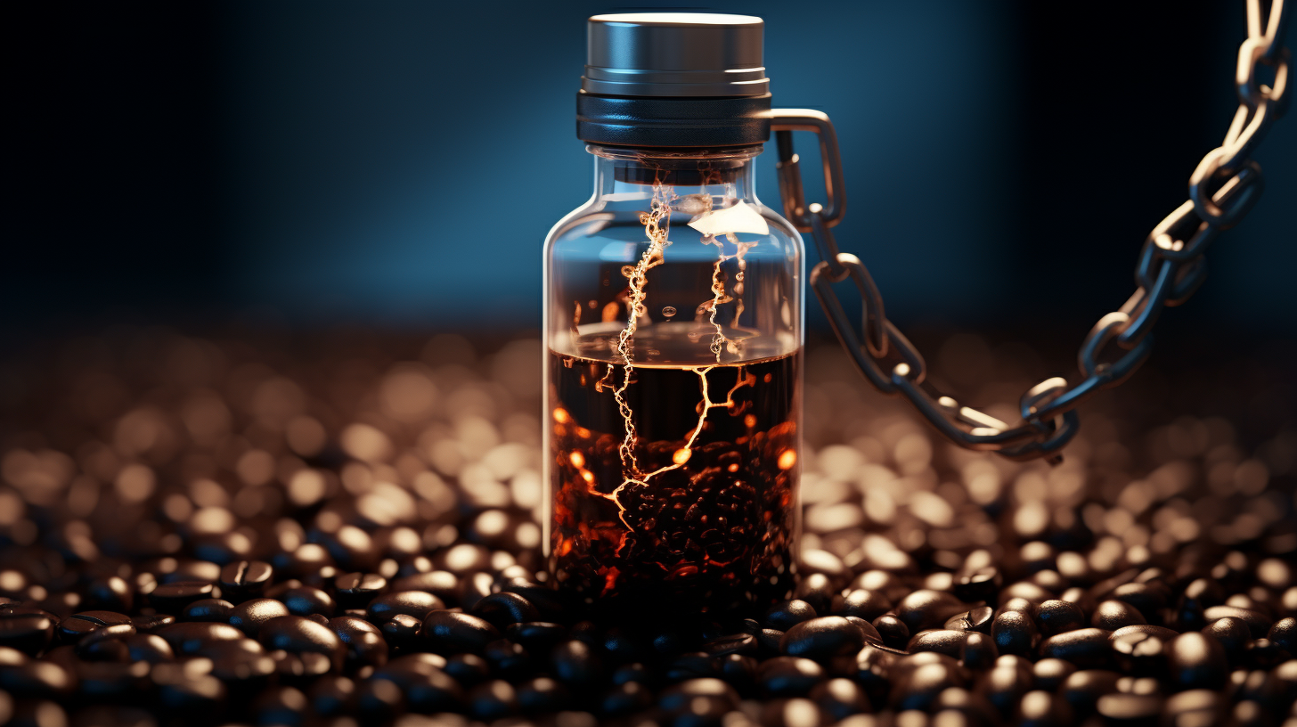 Metal bottle with stopper and chain holding coffee