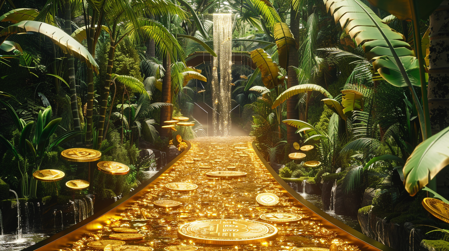 bitcoin on golden walkway in rainforest