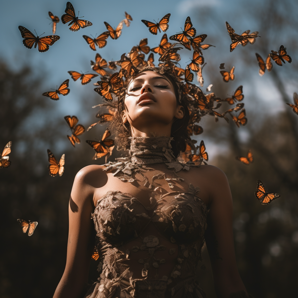 Woman in field surrounded by butterflies