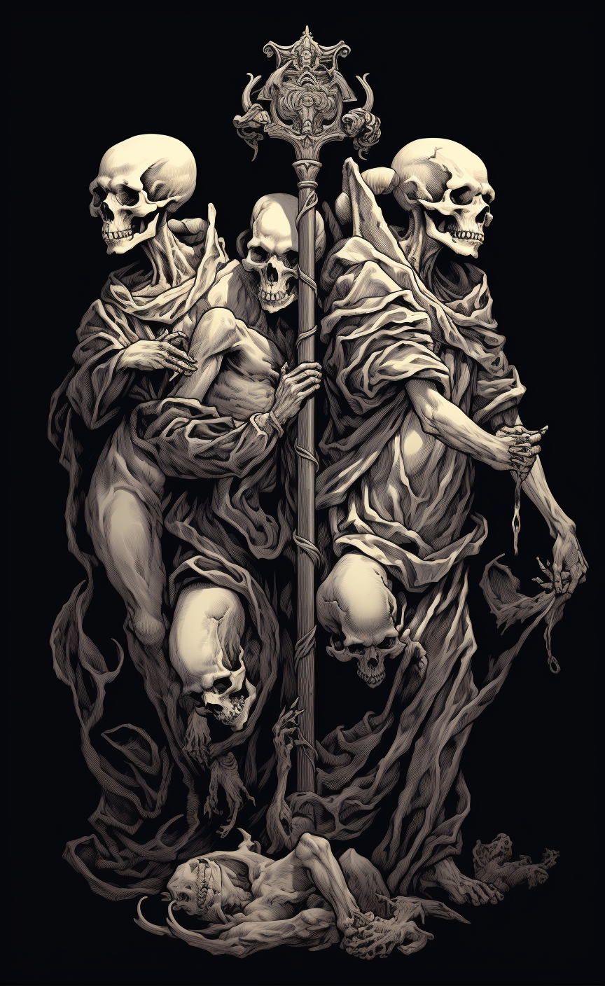 Three devils holding skeletons