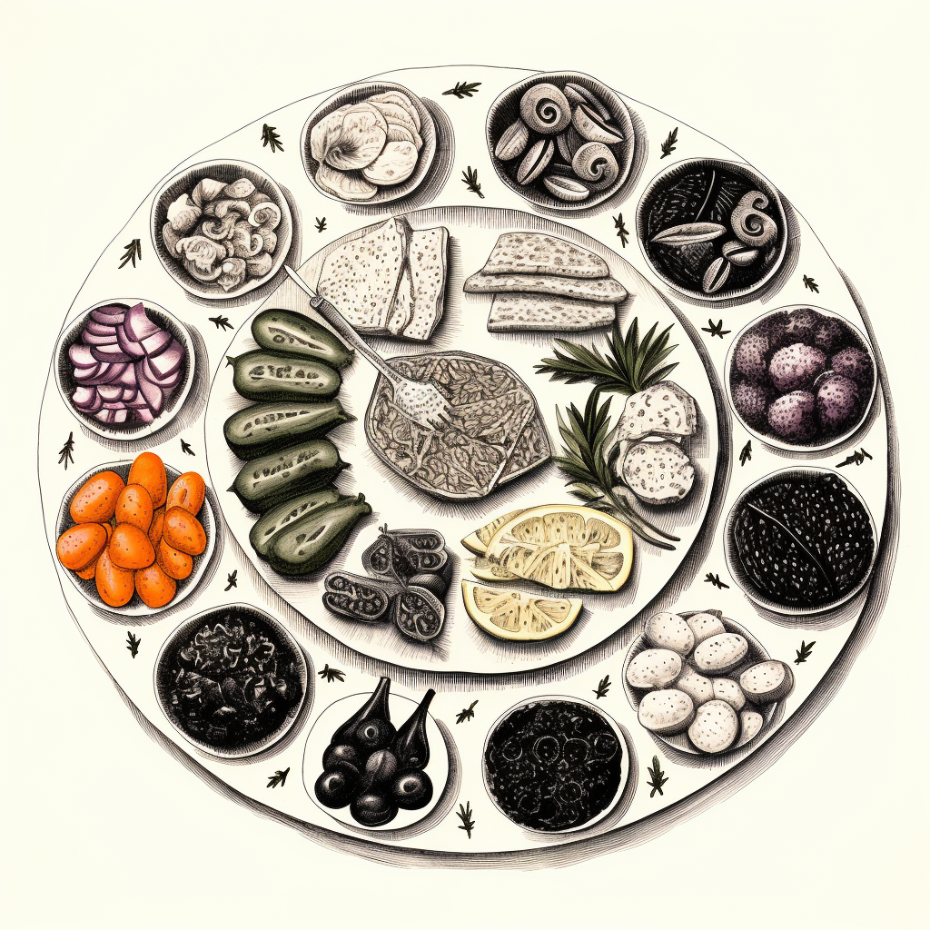 Vintage black and white mezze spread drawing