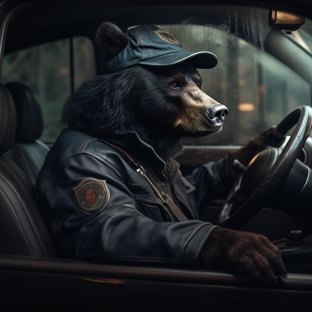 Black Bear in Baseball Cap Driving Car