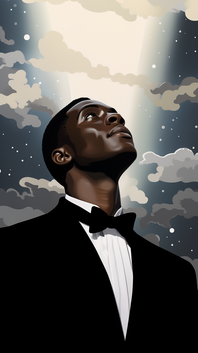 Stylish black boy in tuxedo gazing at the sky