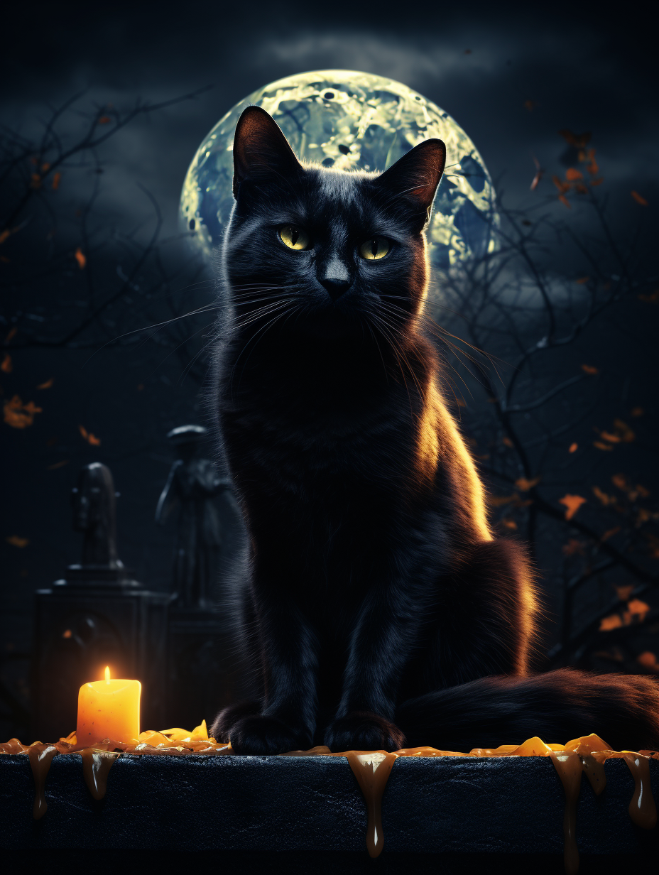 Black cat on tombstone at night