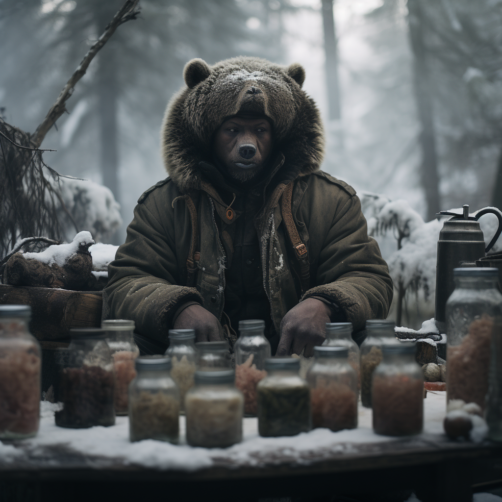 Black doctor brewing drugs with bears in Russia