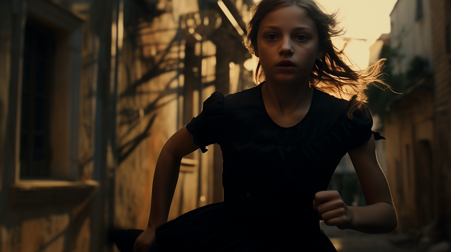 Girl in black dress running close-up