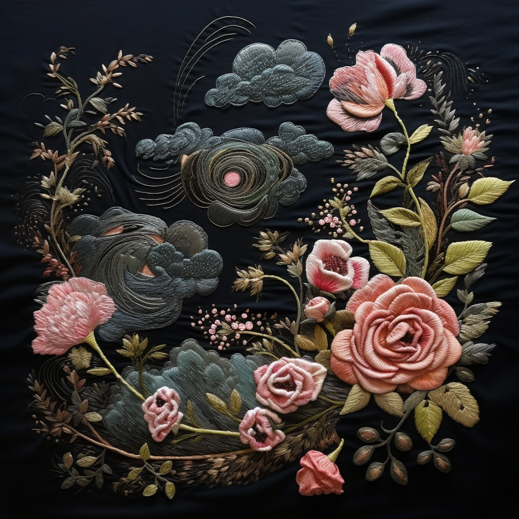 Embroidered roses on black fabric