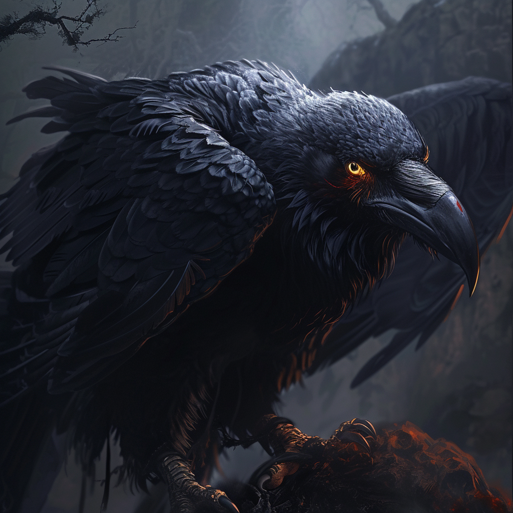 Black Giant Raven with Amber Eyes in Dynamic Pose