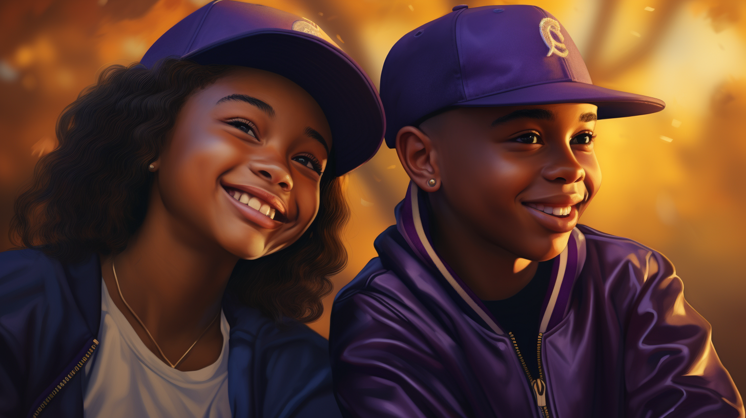 Smiling Black Highschoolers in Purple T-shirts and Caps