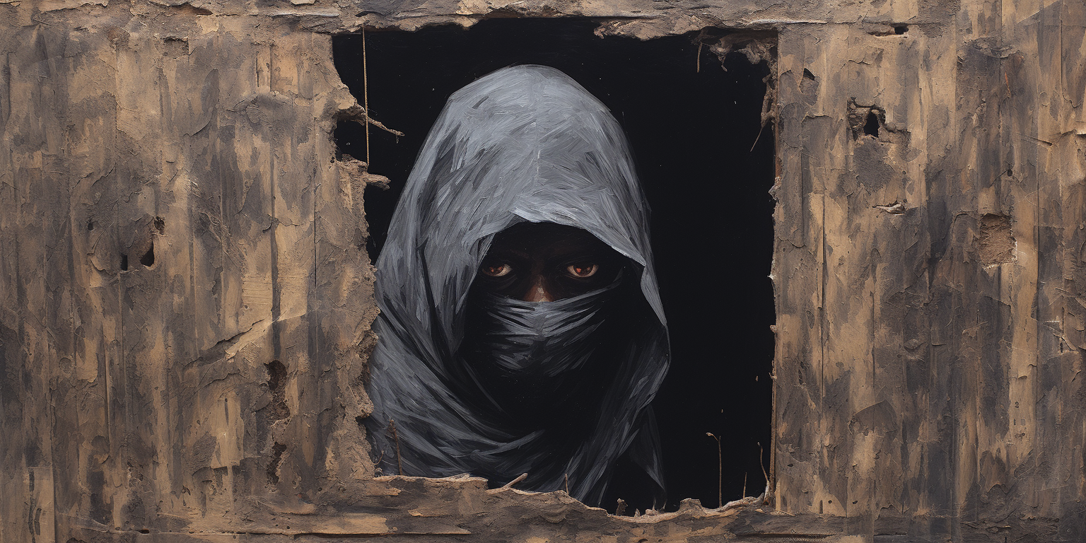 Acrylic painting of black hooded man peeping through destroyed wall