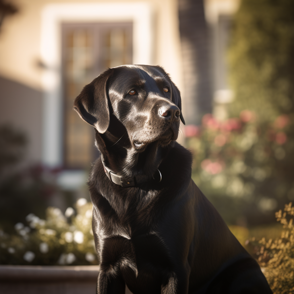 Black Labrador Sitting in Front of Beverly Hills Mansion