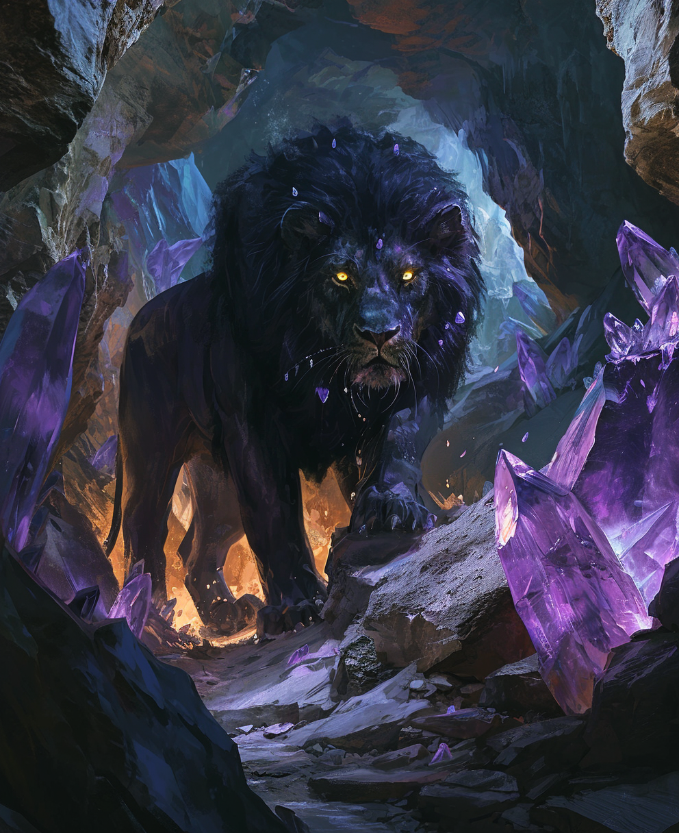 Majestic black lion with glowing eyes and purple crystals