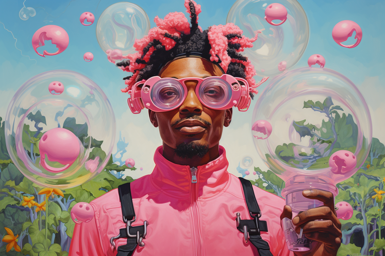 Smiling black man with pink bubble gun and plant pot on head