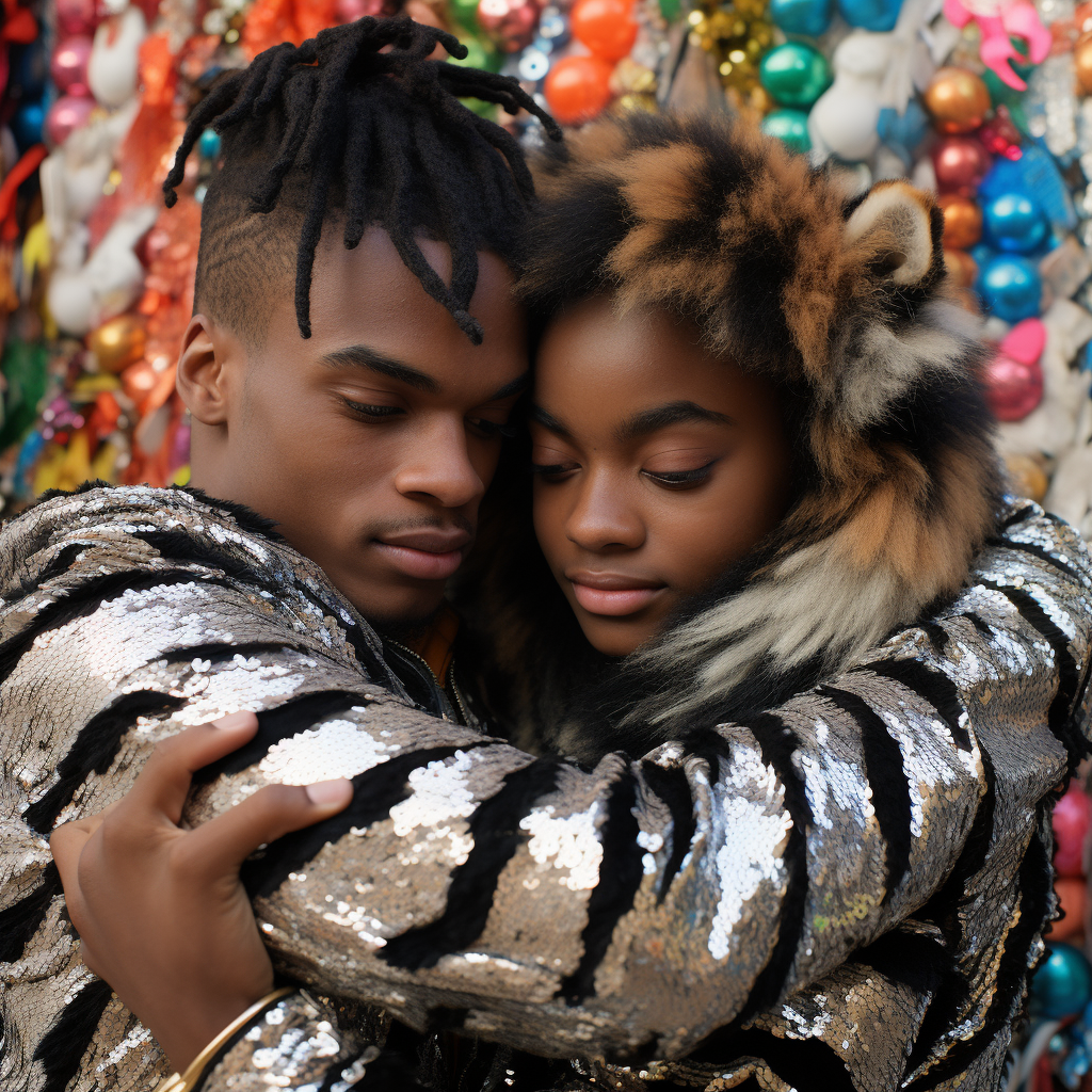 Two young Black people hugging against a Tiger sequins background