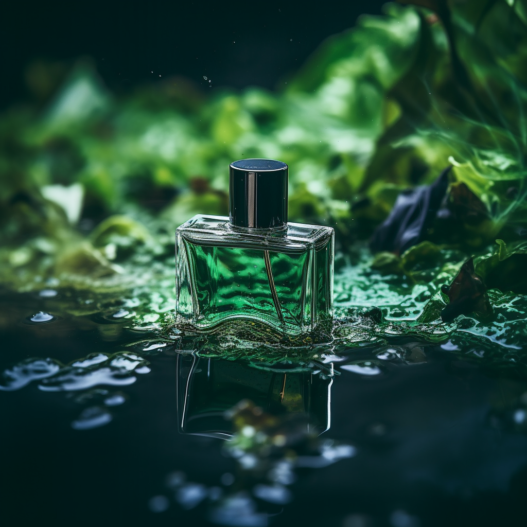 Perfume bottle on dark green water