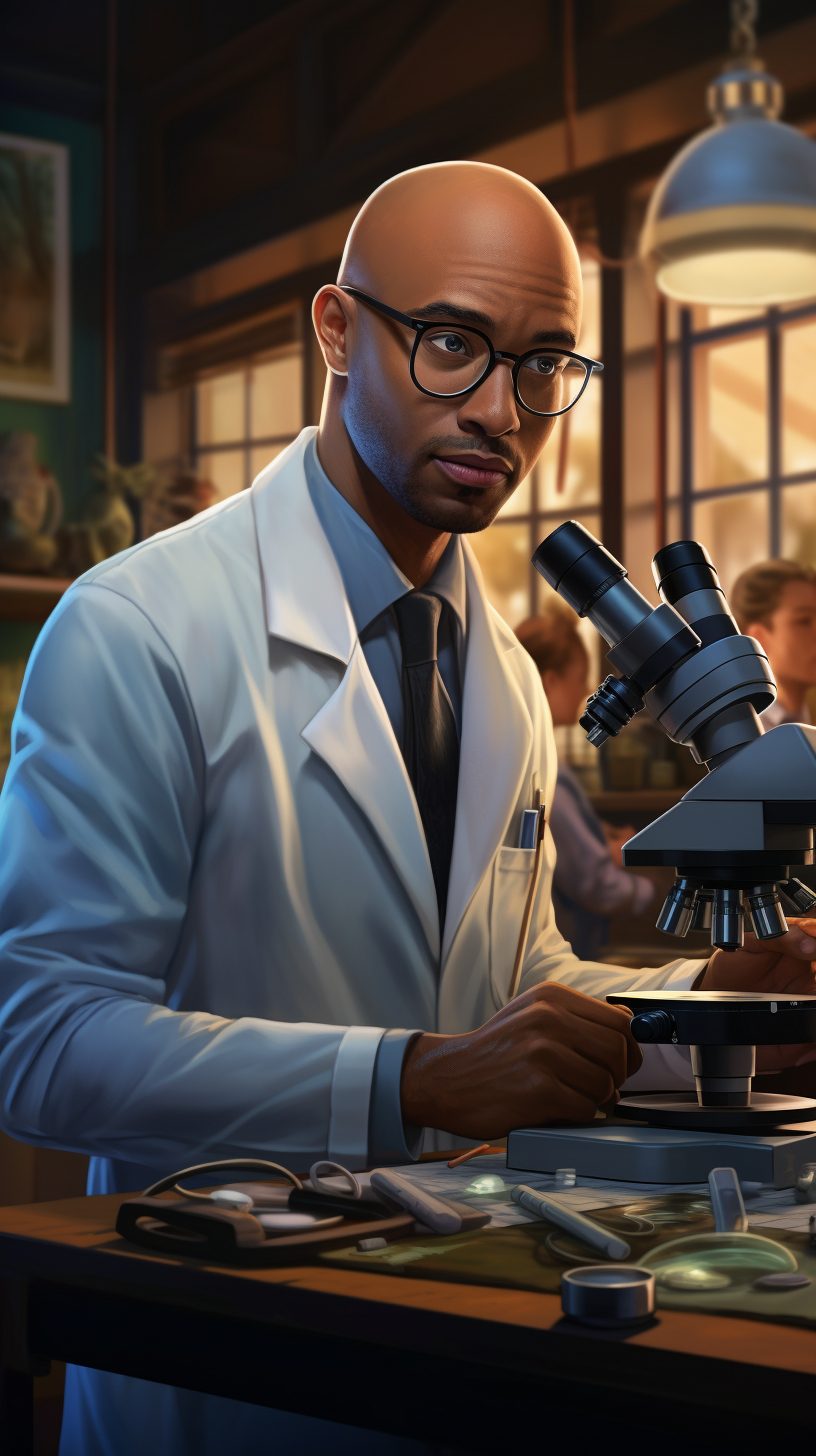 Black professor holding a microscope in lab