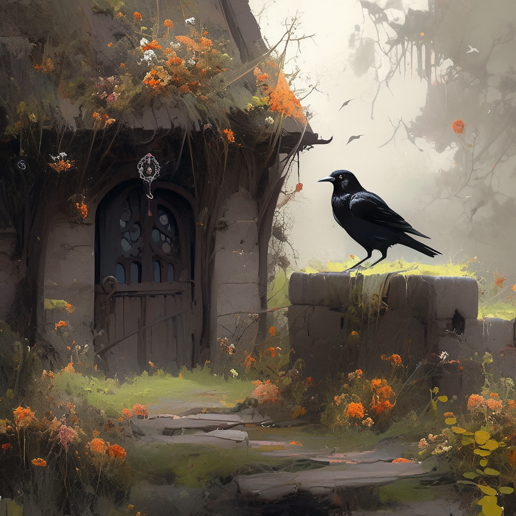 Black raven guarding eerie cottage