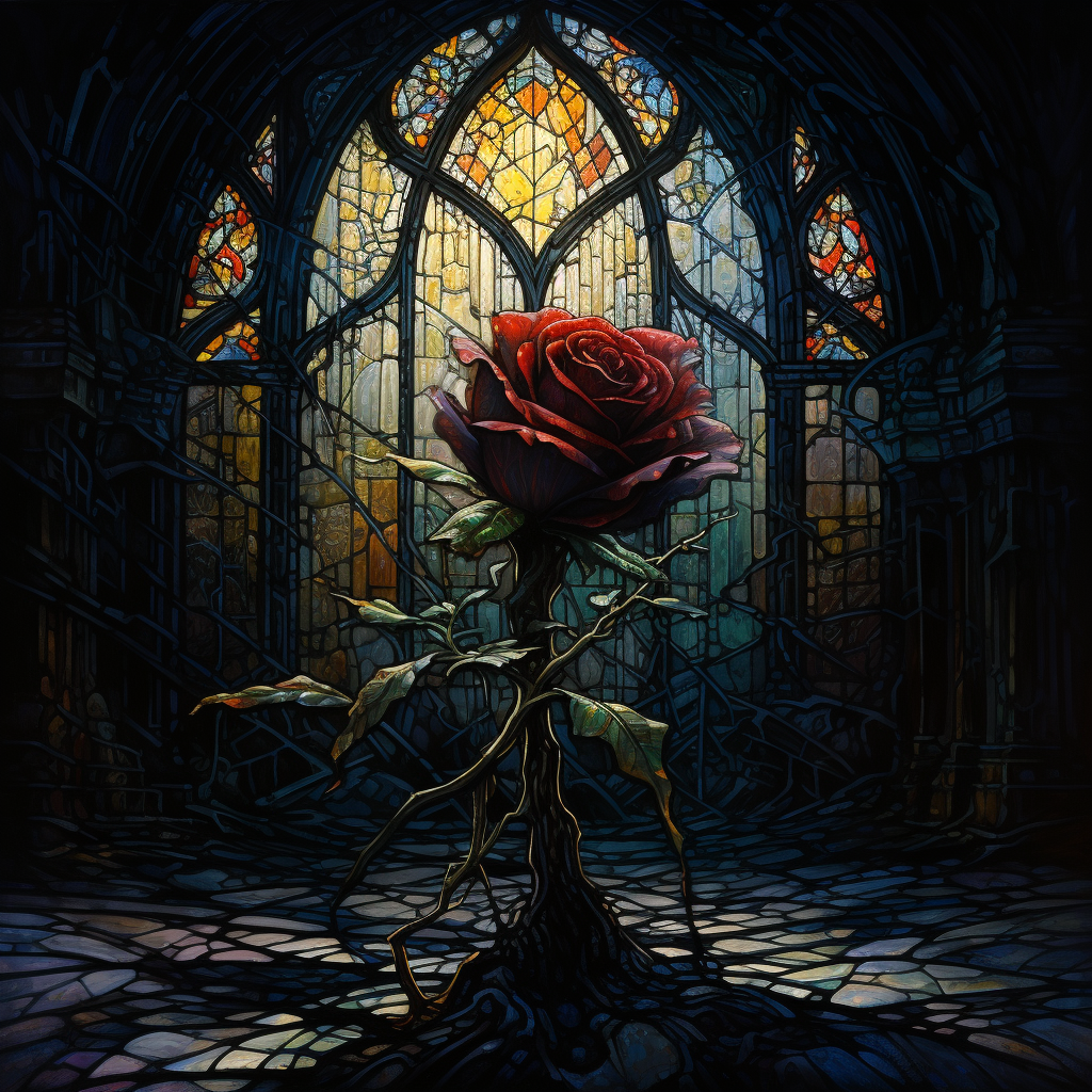 Intricate Black Rose in Stained Glass Room