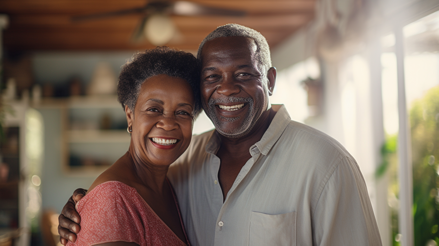 Happy black senior couple inside their house