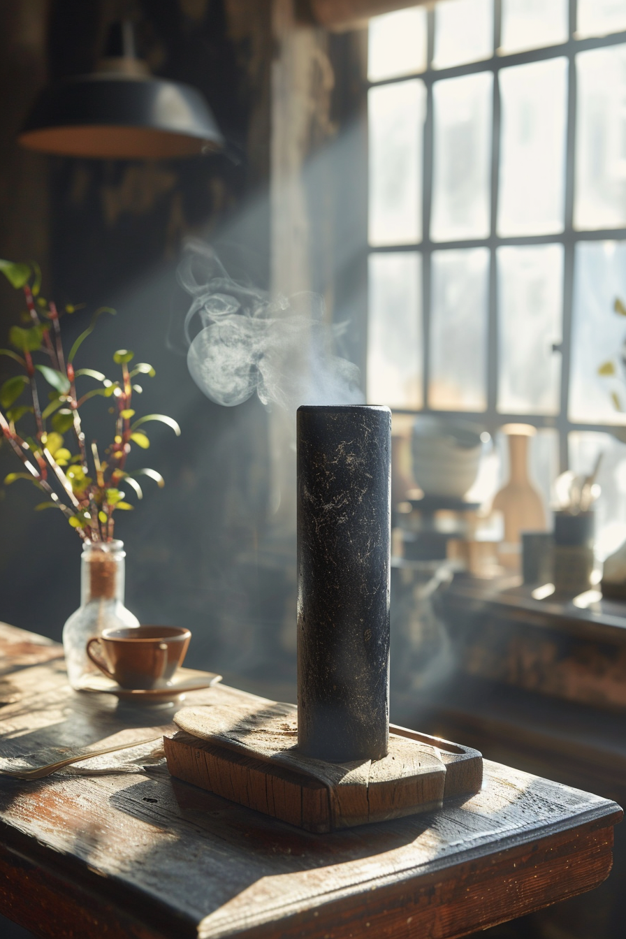 Black stone cylinder on wooden tray in cafe