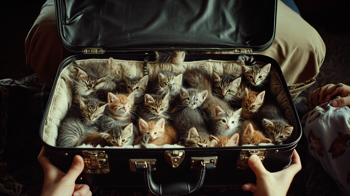 Hands holding black suitcase with playful kittens