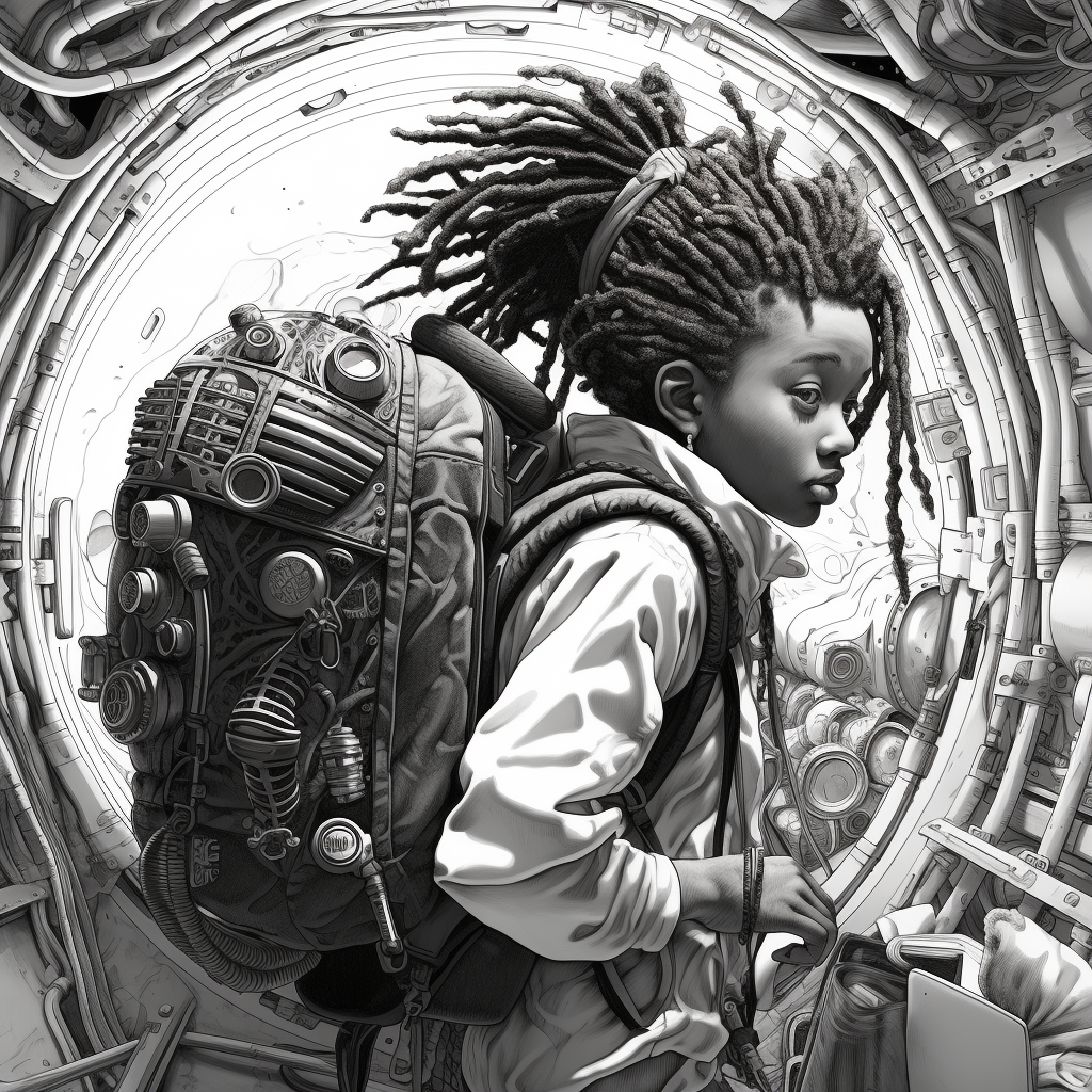 Black teenager exploring dufflebag inside spaceship