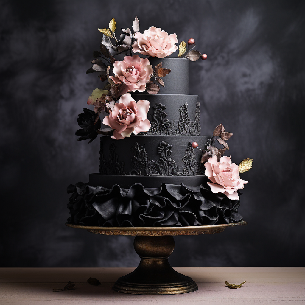 Elegant black vintage cake with flowers