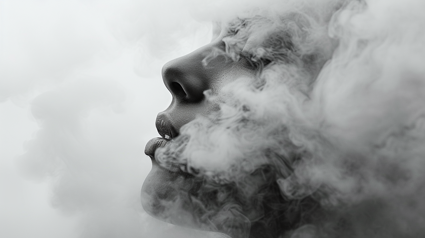 Female face through fog