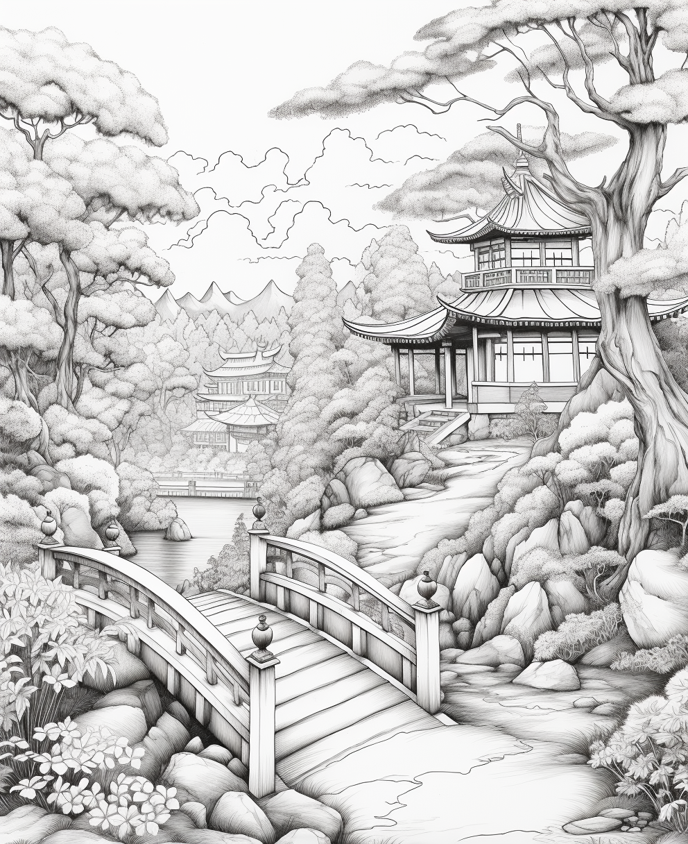 Black white landscape coloring book style