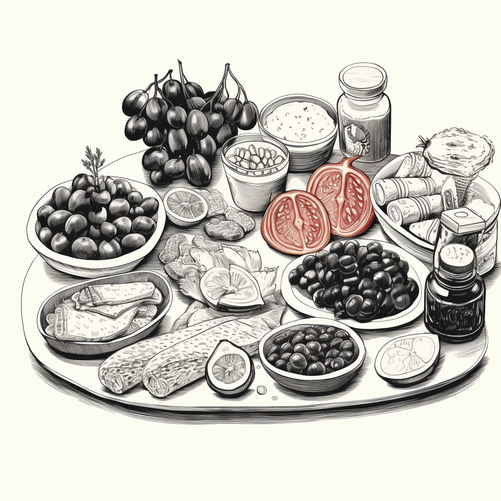 black and white mezze spread drawing