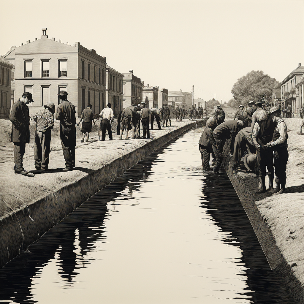 Black and white drawing of people by an irrigation canal