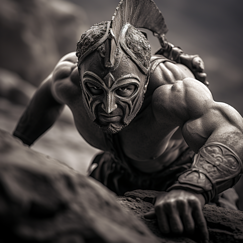 Spartan battling uphill in black and white