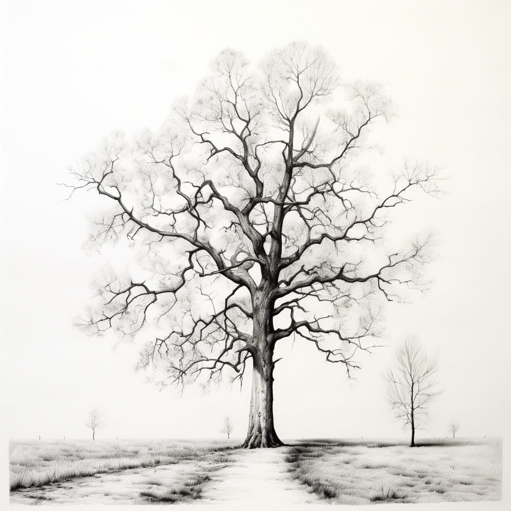 Black and white drawing of a slender tall tree