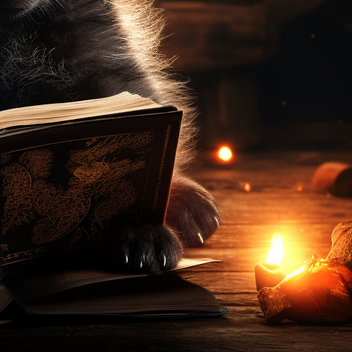 Cute black wolf pup on torn spell book