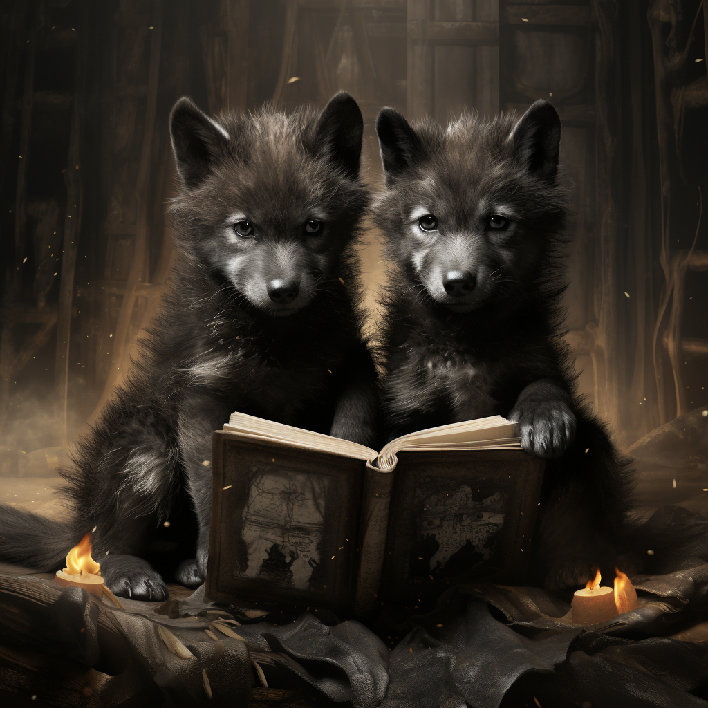 Adorable black wolf pup on torn spell book