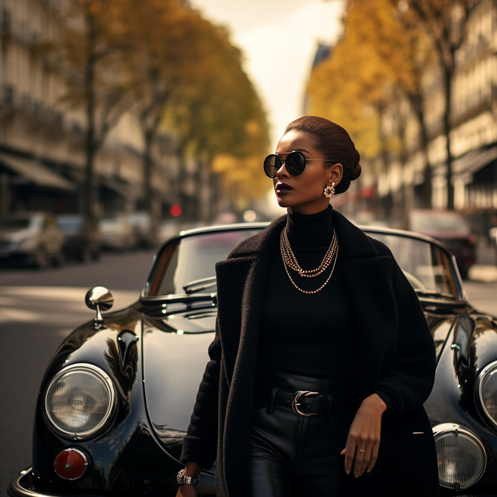 Black woman with scarf and sunglasses driving Porsche in Paris