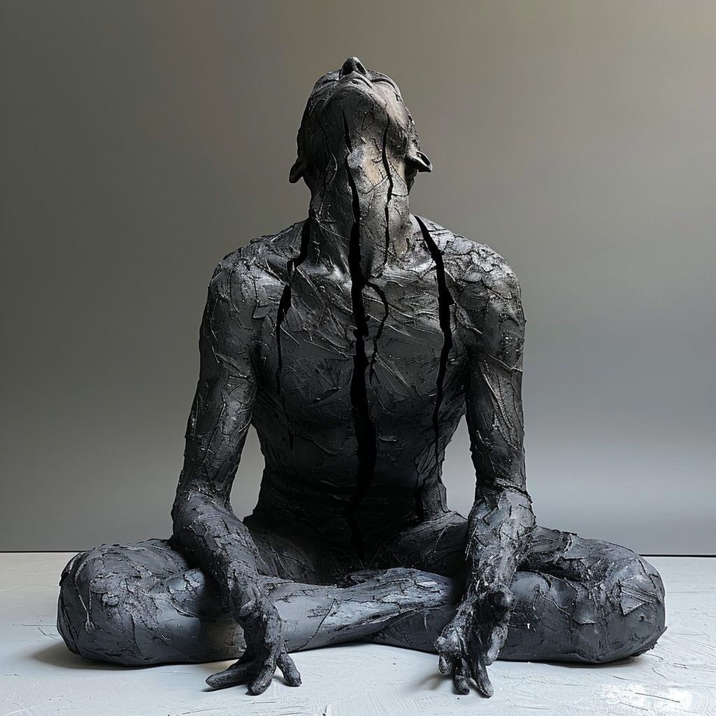 Black metal sculpture with closed eyes