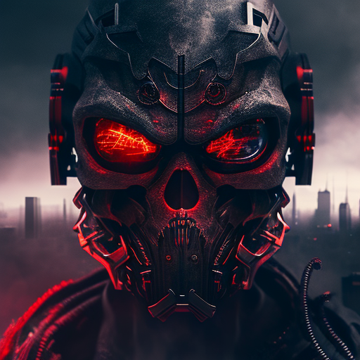 Black Skull Head with Red Eyes, Futuristic Gun