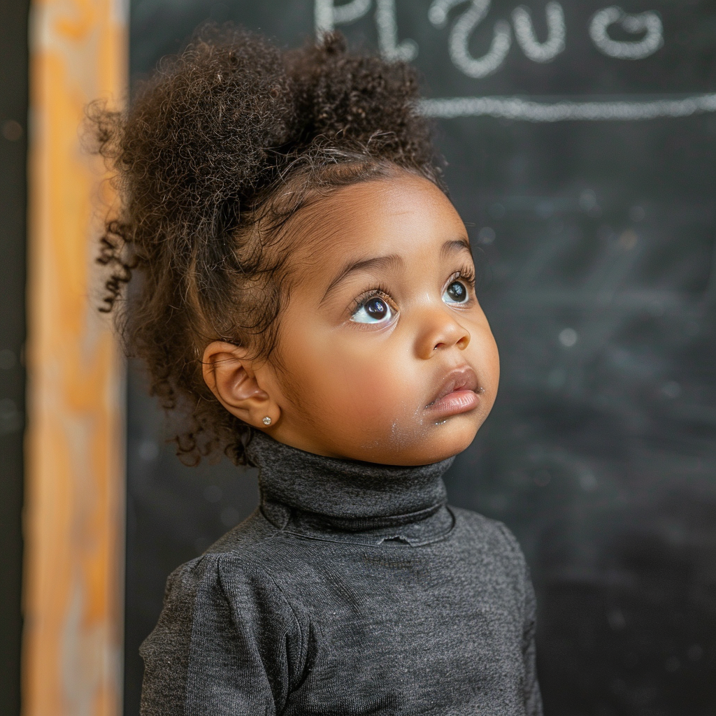 Little black toddler at chalkboard