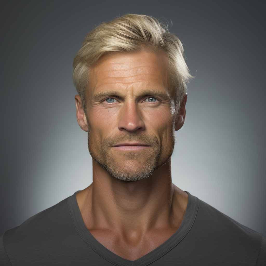 Image of a blond male with dimple in cheek, cinematic angle  ?