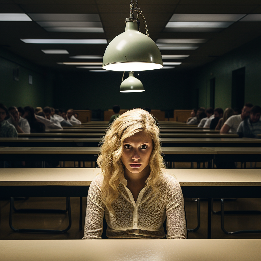 Exhausted blonde college woman in lecture